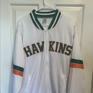 Stranger Things White Hawkins Zip-Up Jacket with Green and Orange Accents L